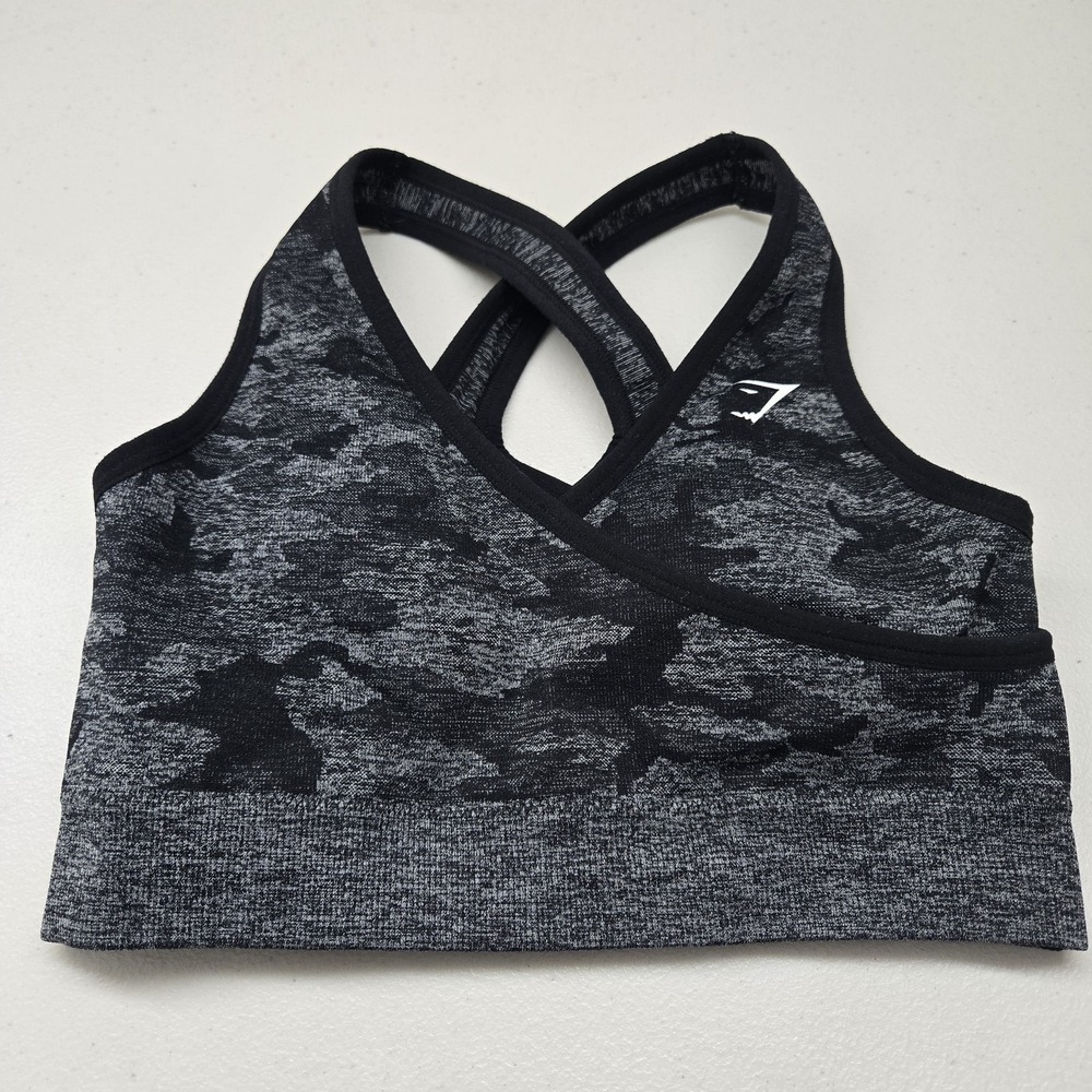 Gymshark Women Sports Bra Small Gray Camouflage‎ Wireless Knit Racerback